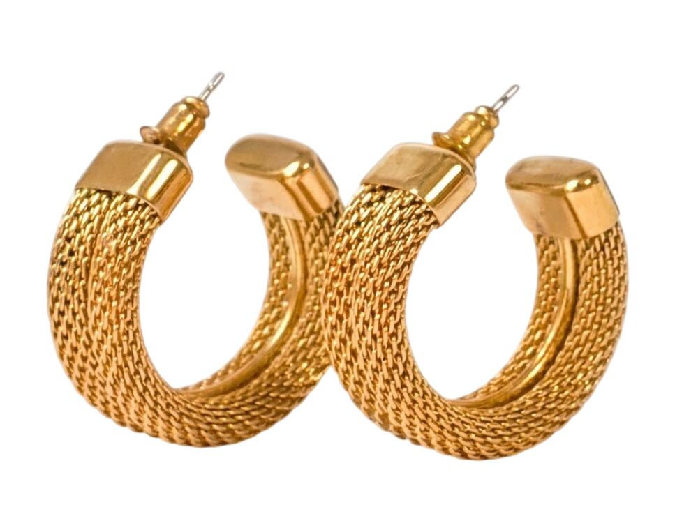 Gold Mesh Hoop Earrings Textured Woven Open Hoop Studs